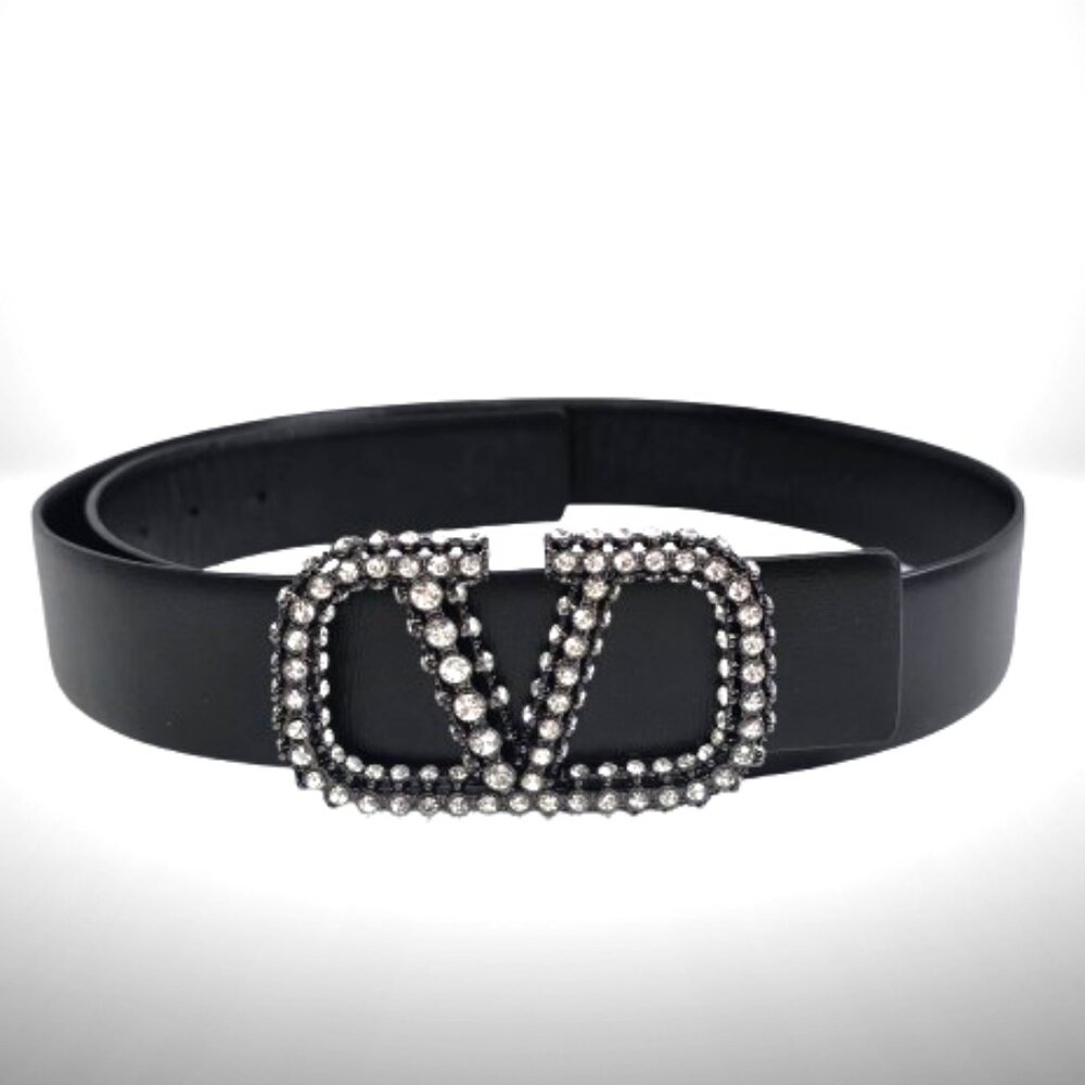 Valentino Garavani Black Leather VLOGO Crystal Belt Size 95/38